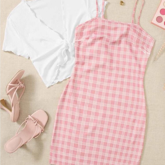 SHEIN Dresses & Skirts - NWOT SHEIN MOD Plus Plaid Cami Dress & Knotted Front Lettuce Trim Top Sz 20/4XL